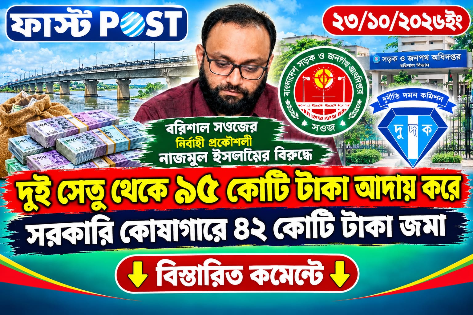 নির্বাহী প্রকৌশলী নাজমুল ইসলামের বিরুদ্ধে দুই সেতু থেকে ৯৫ কোটি টাকা আদায় করে সরকারি কোষাগারে ৪২ কোটি টাকা জমা